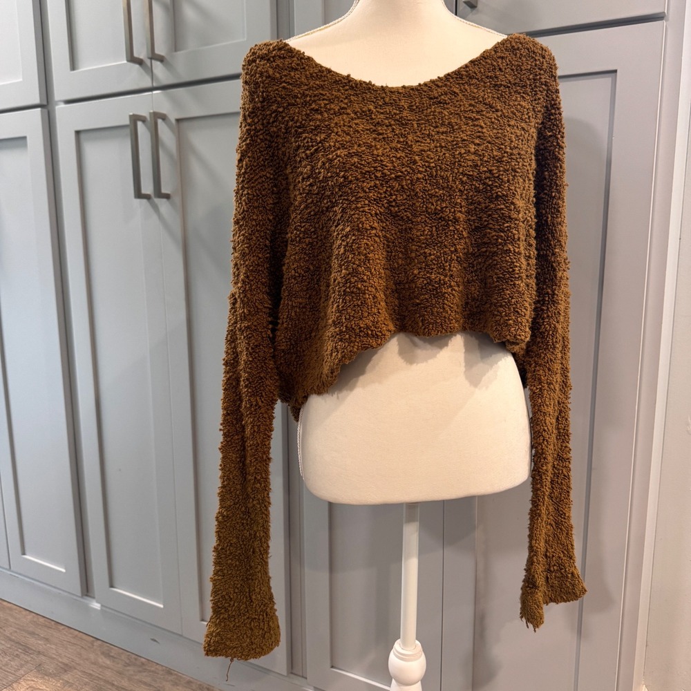 Free People Brown Popcorn Knit Cropped V-Neck Slouchy Sweater Small Oversized